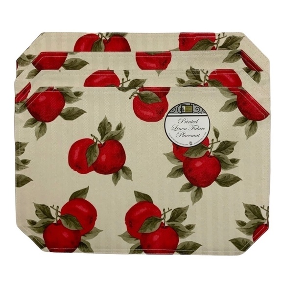 Better Home Other - Apple Printed Linen Fabric Placemats Reversible 18” X 12” Cream Red 4 Piece Set